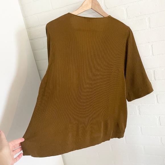 COS Blouse Half sleeve Ribbed Faux wrap Maroon/Green/Ocre Lagenlook V neck Sz L - Picture 14 of 14